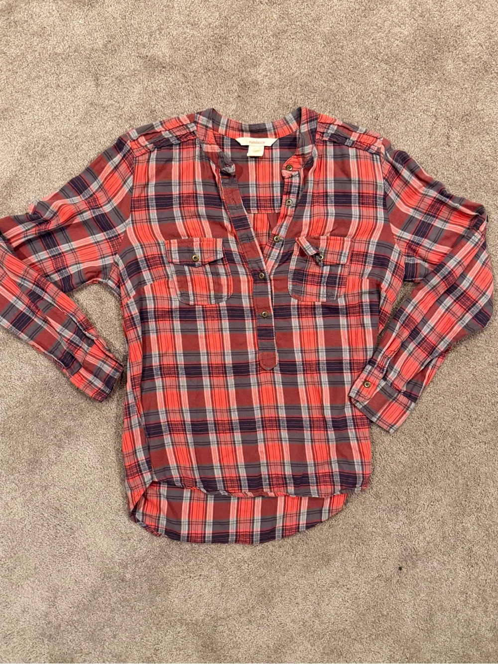 Sundance Red and Navy Plaid Button-Front Women's Shirt large